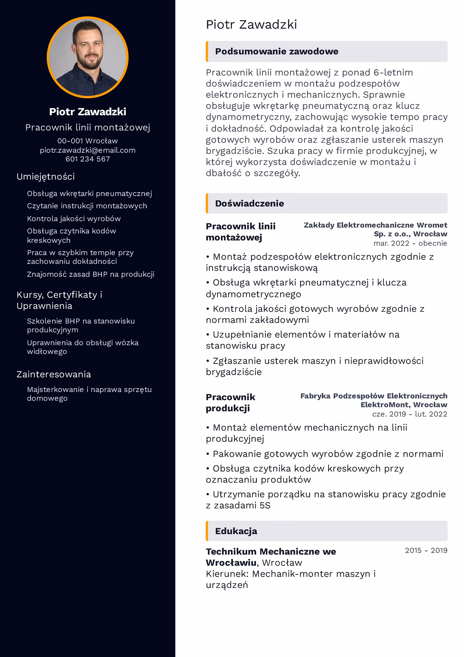 Wzór CV pracownika linii montażowej