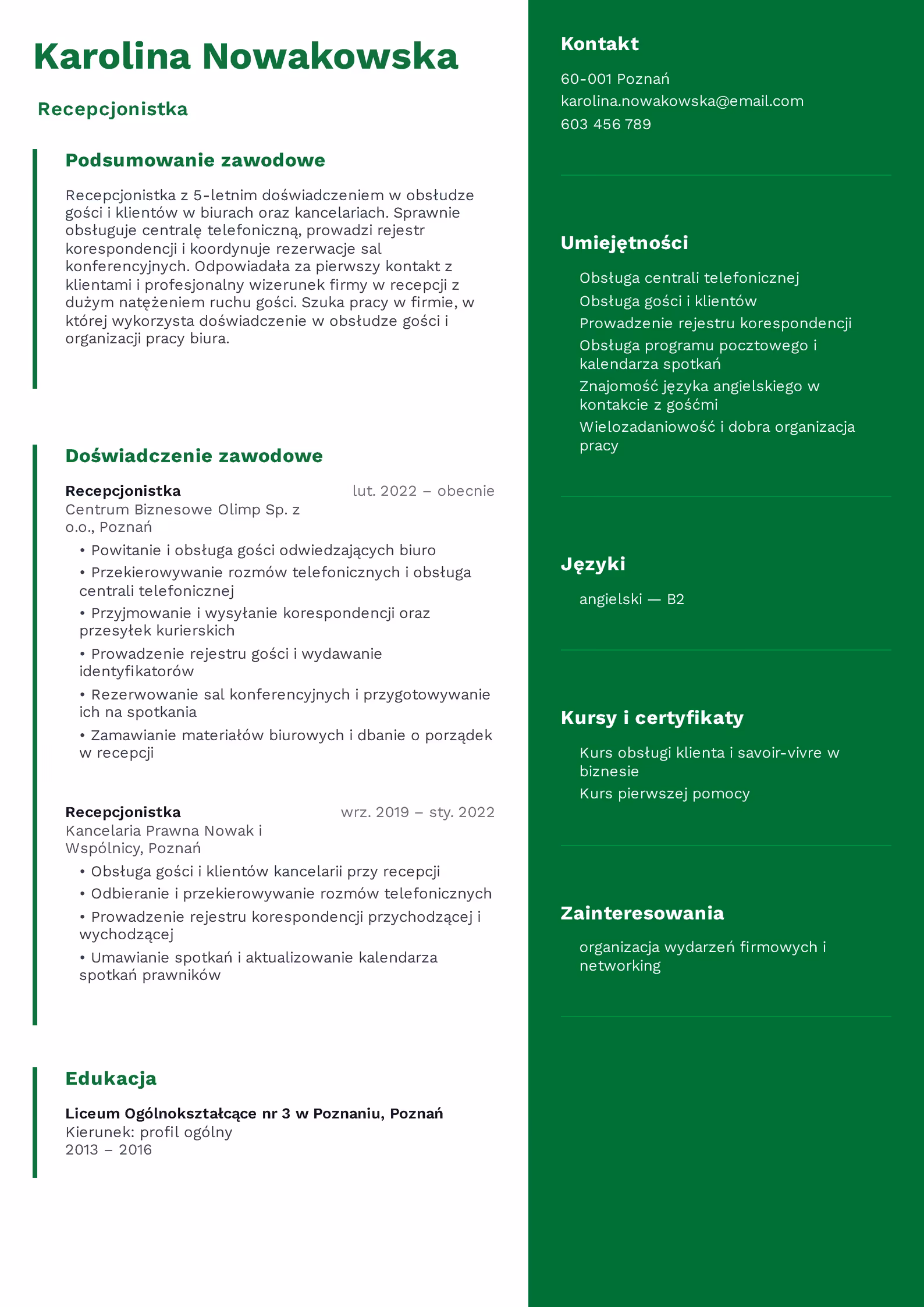 Recepcjonistka - przykładowy wzór CV