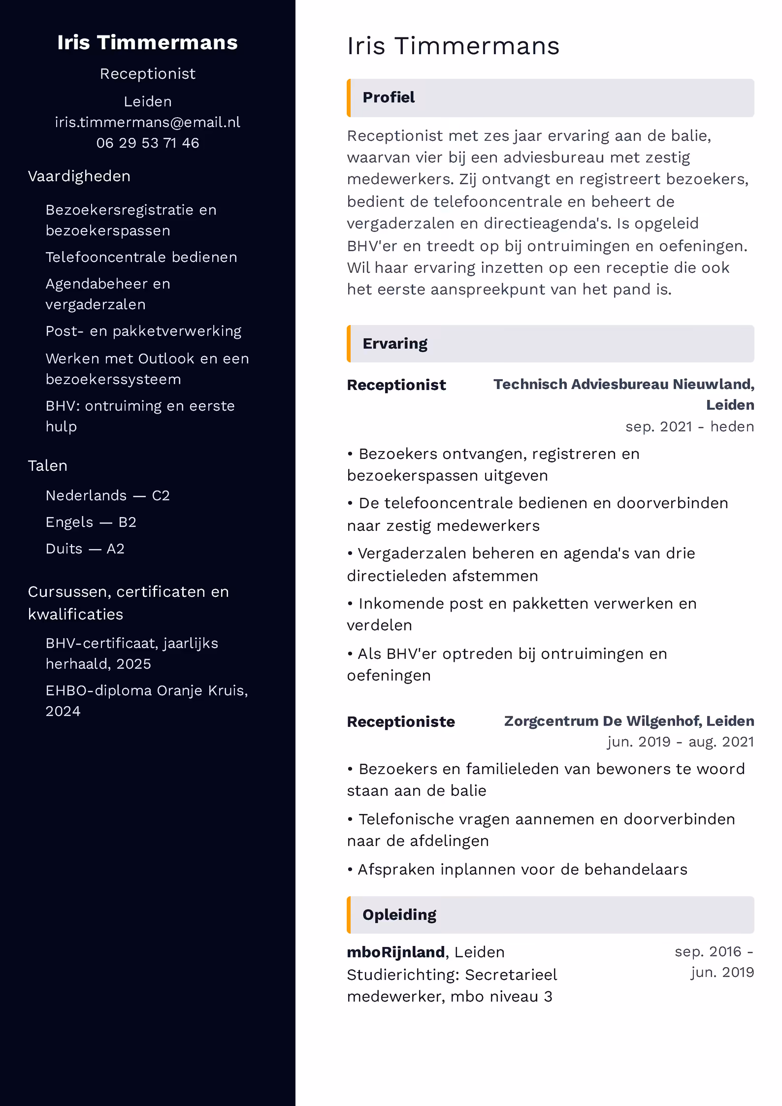 Cv-voorbeeld receptionist — sjabloon om te downloaden