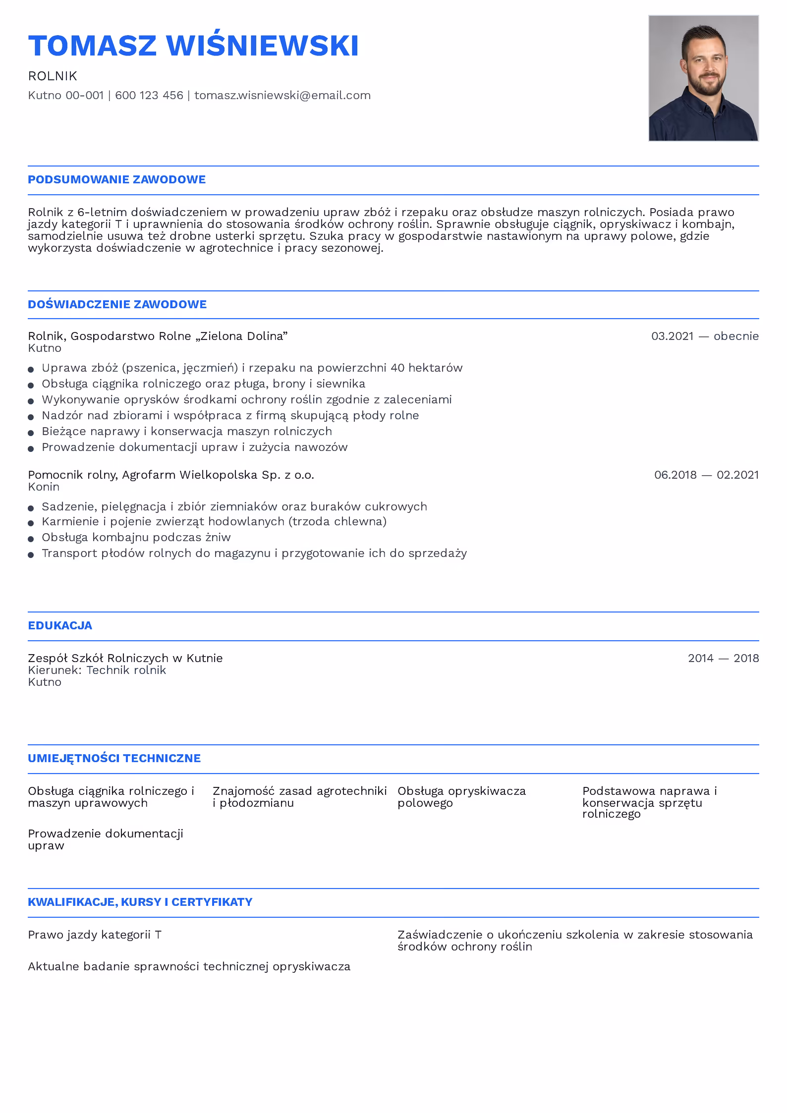 Rolnik - przykładowy wzór CV