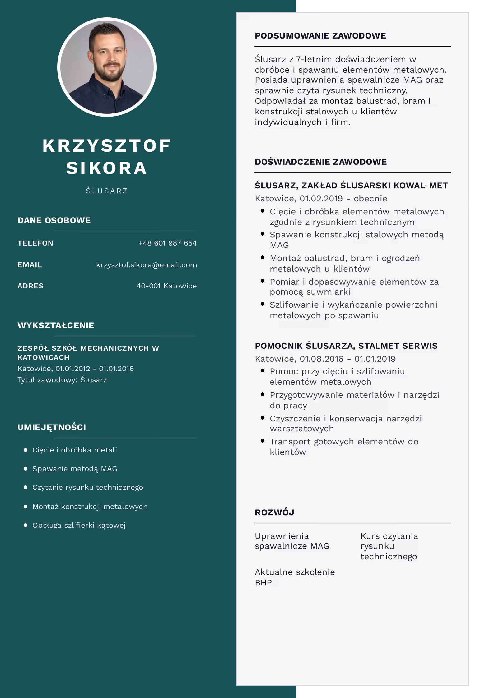 Ślusarz - przykładowy wzór CV