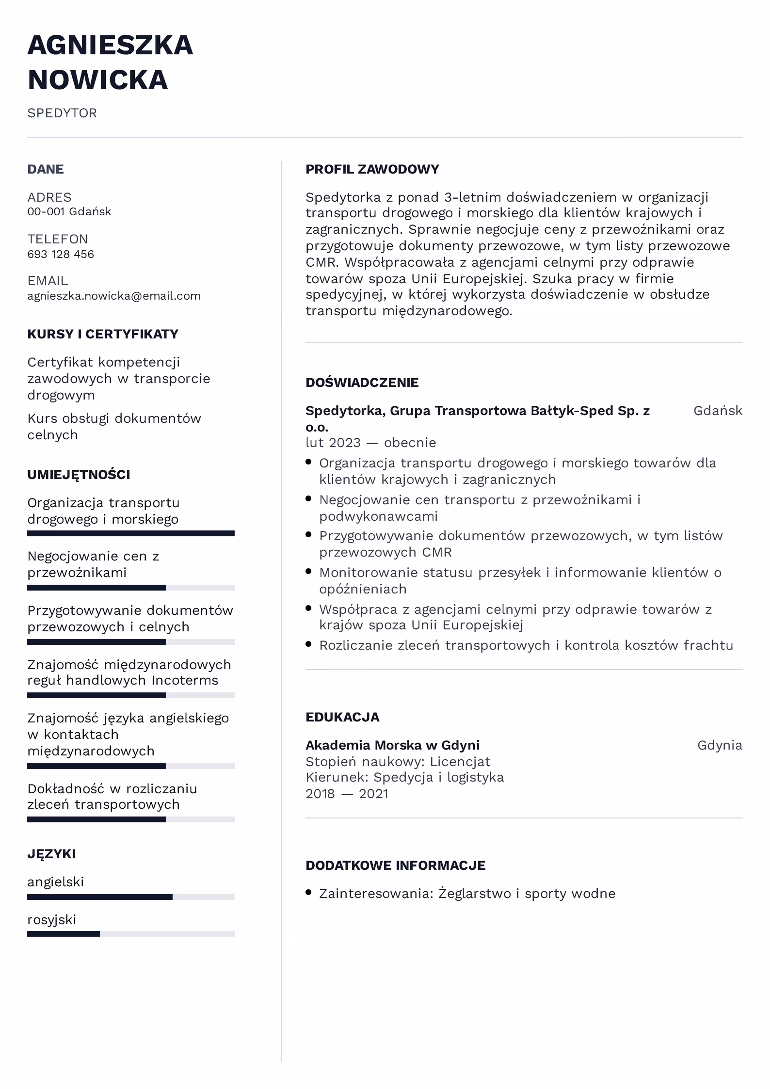 Wzór CV spedytora