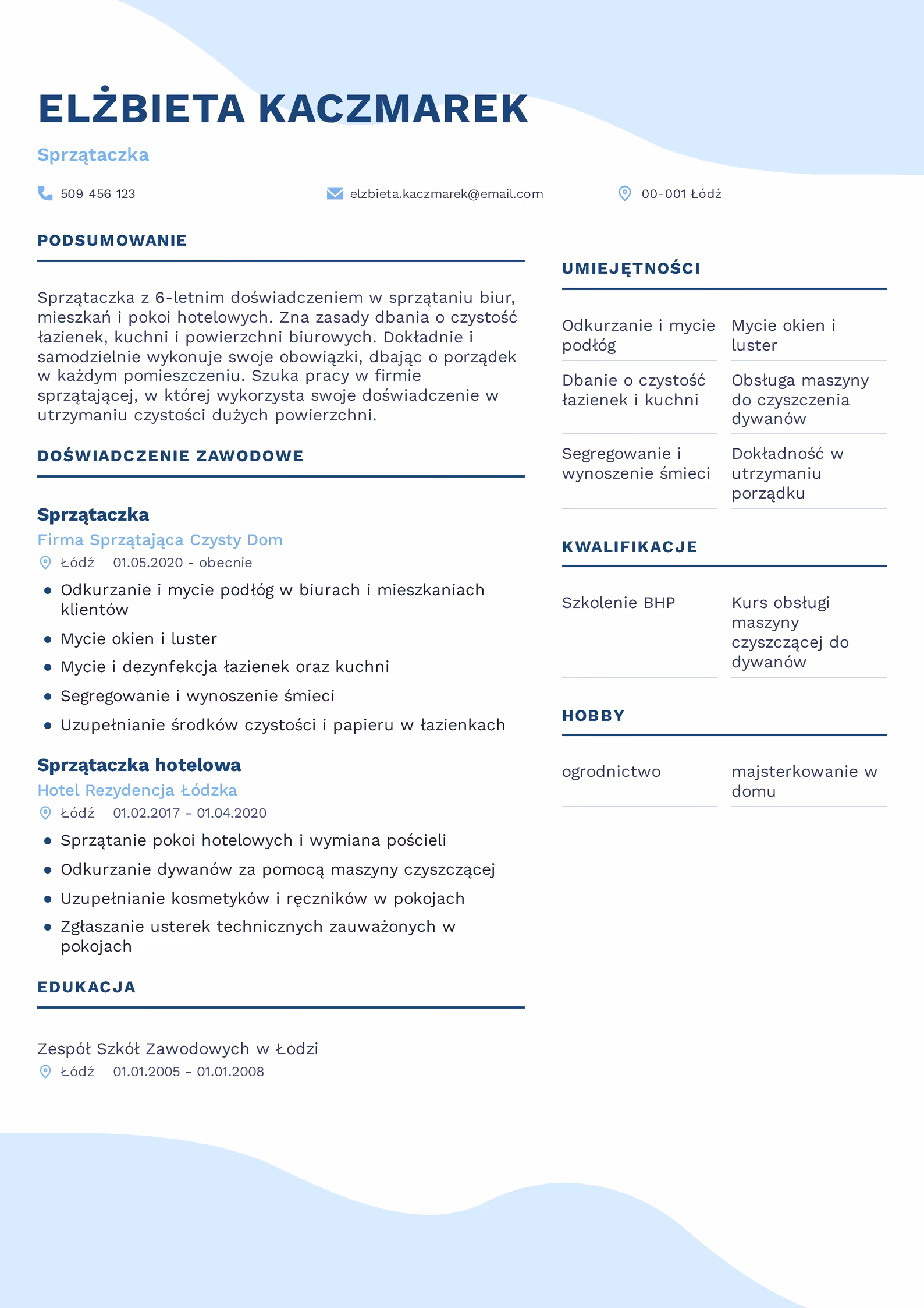 Wzór CV sprzątaczka — przykładowy szablon dokumentu