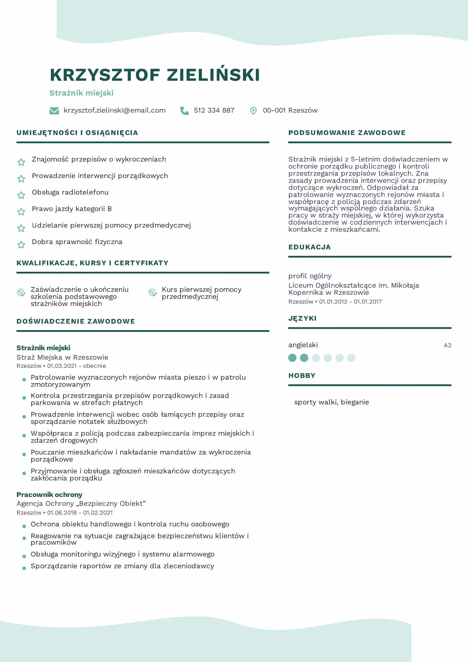 Strażnik Miejski - przykładowy wzór CV