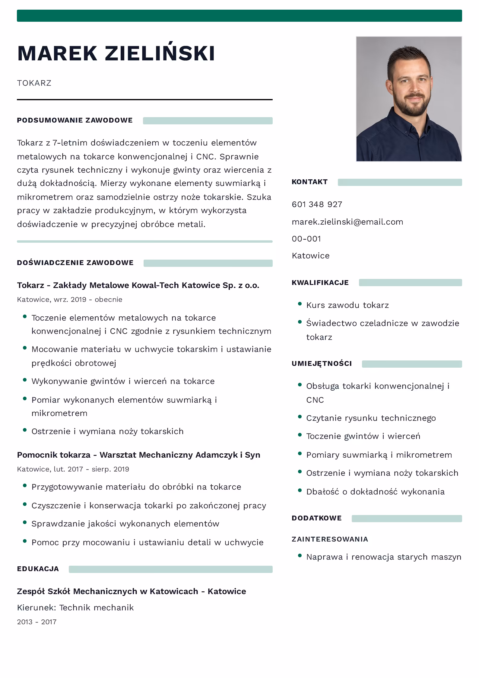 Wzór CV tokarza — przykładowy szablon dokumentu