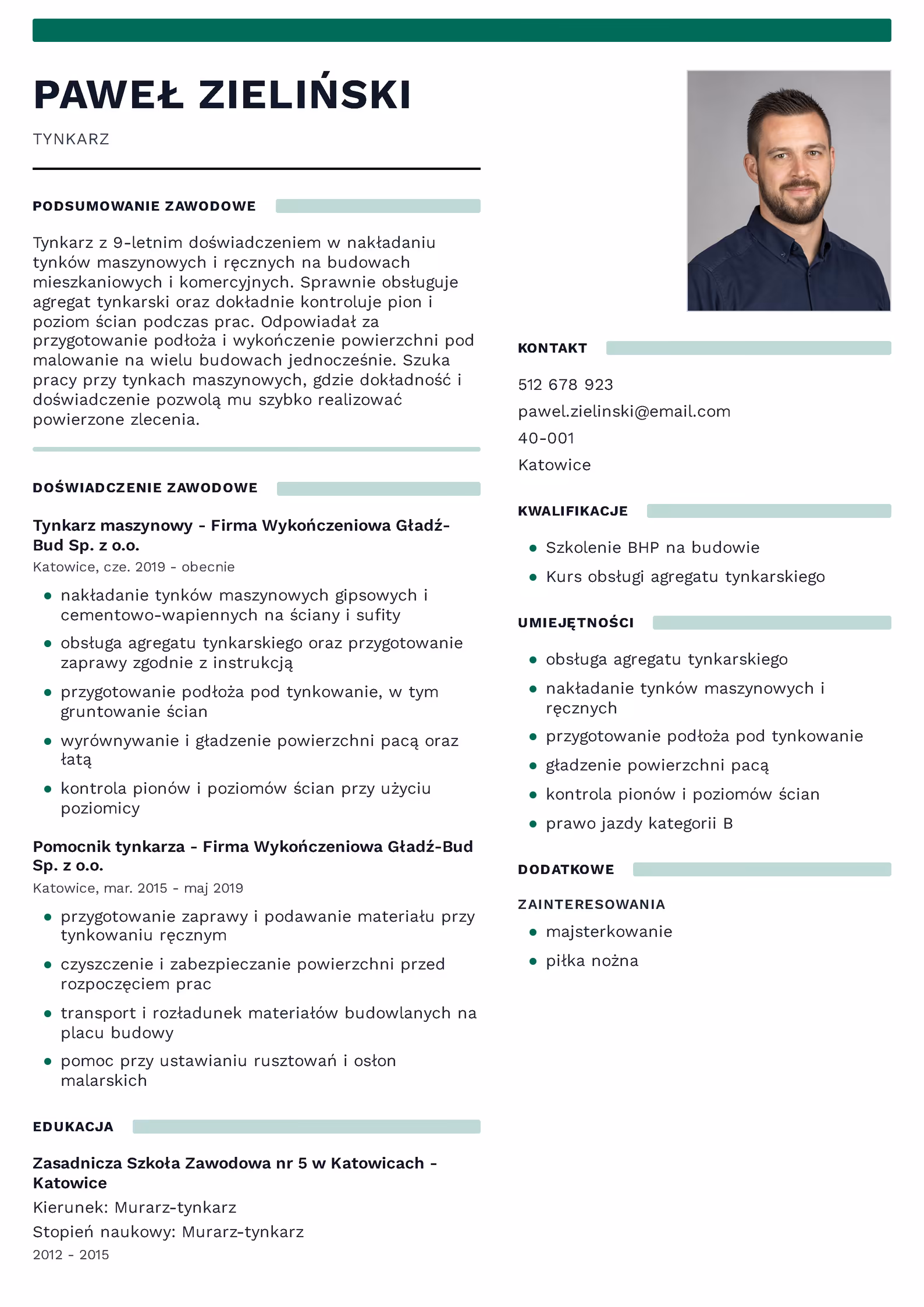 Tynkarz - przykładowy wzór CV