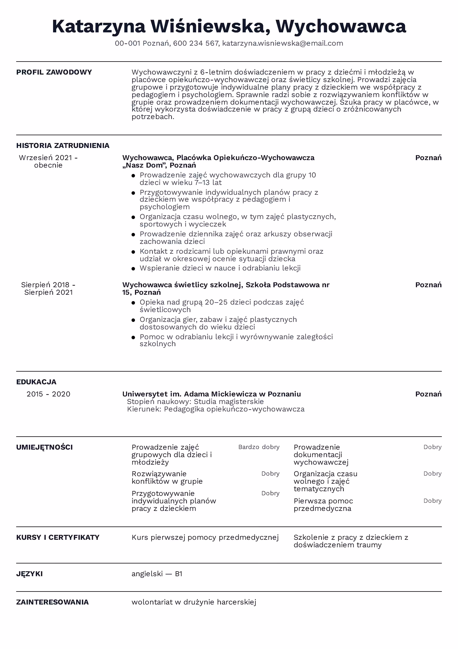 Wychowawca - przykładowy wzór CV