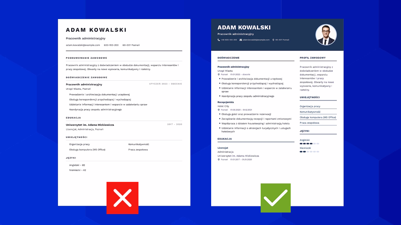 Porównanie słabego i dobrego CV — generator CV pomaga wyeliminować błędy