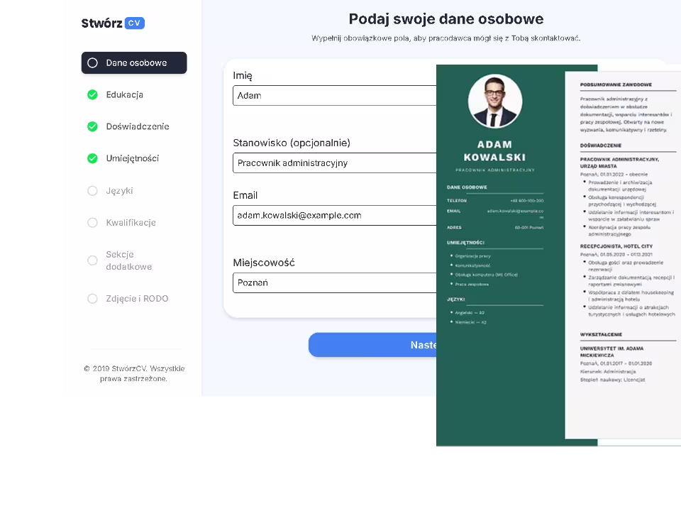 Kreator CV online – widok edycji danych w dokumencie