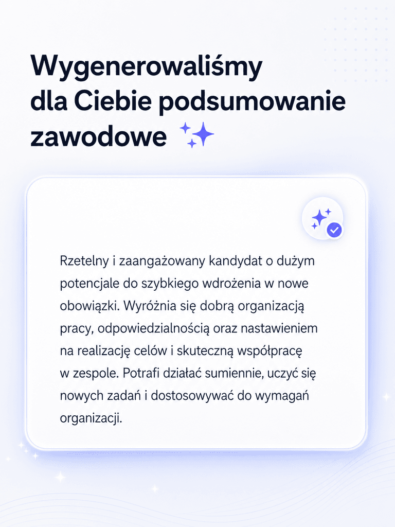 Generator CV automatycznie tworzy podsumowanie zawodowe — podgląd funkcji