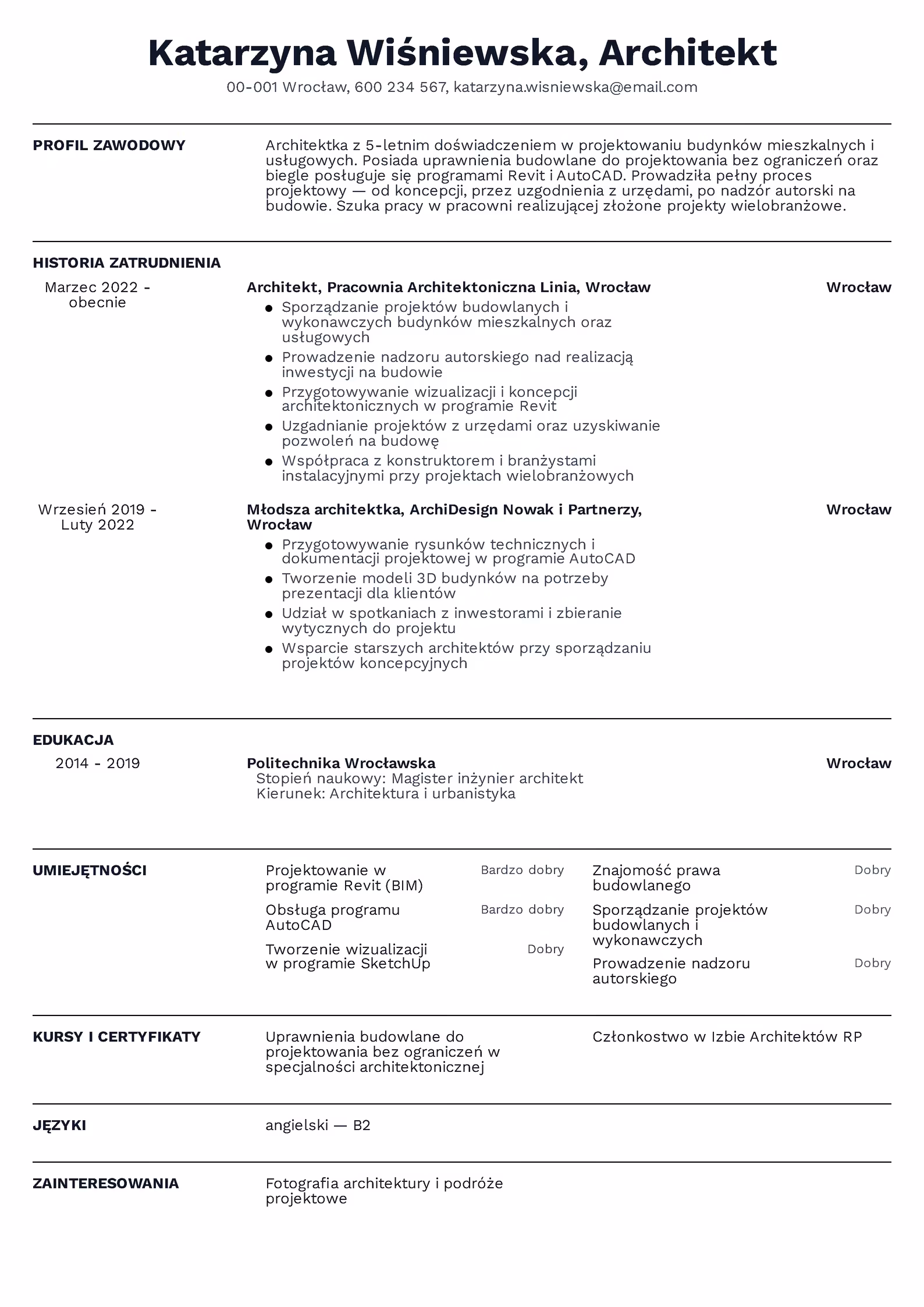 Wzór CV Architekt Wzór CV architekt – przykładowy szablon do pobrania
