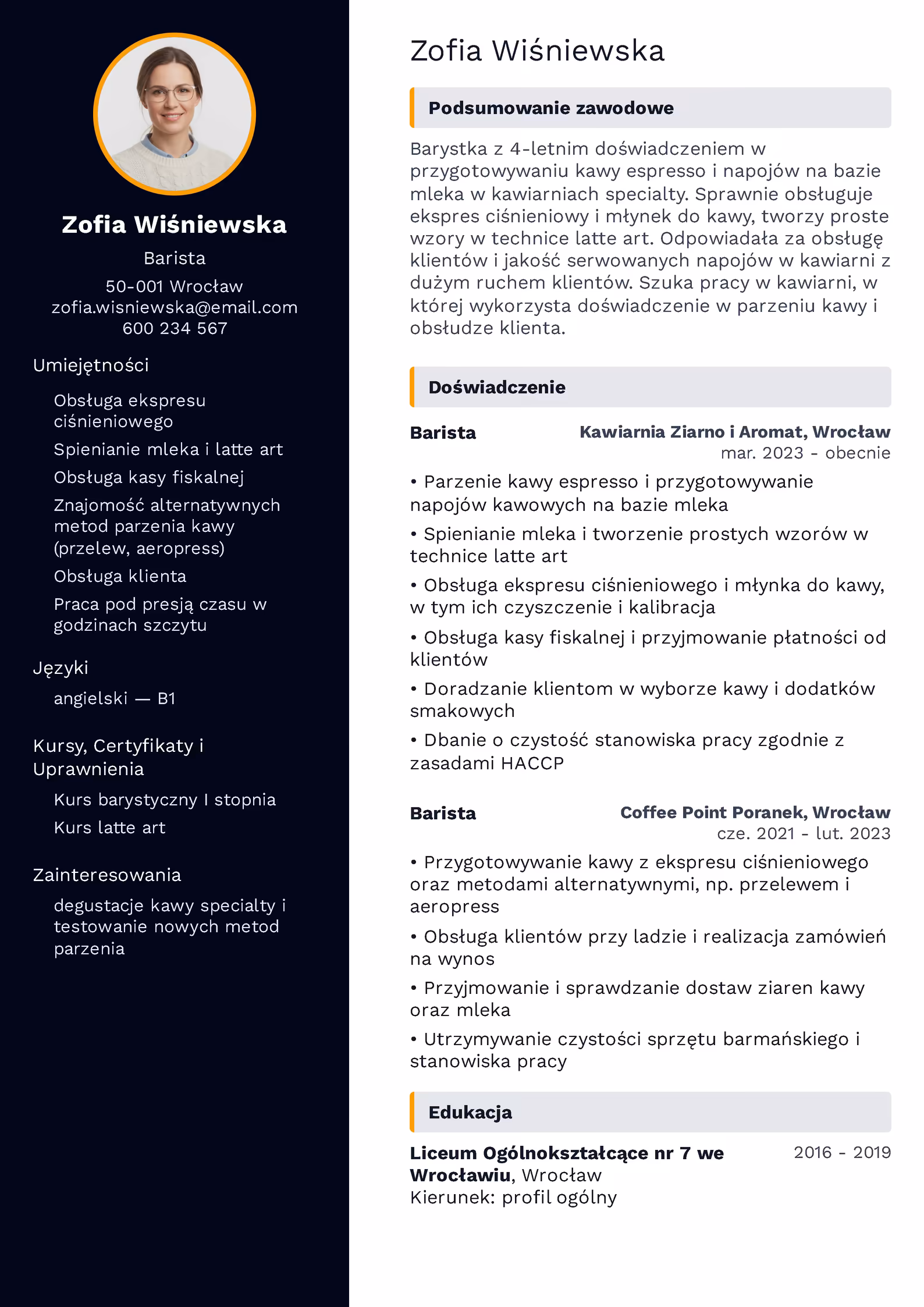 Wzór CV Barista Wzór CV barista – przykładowy szablon do pobrania