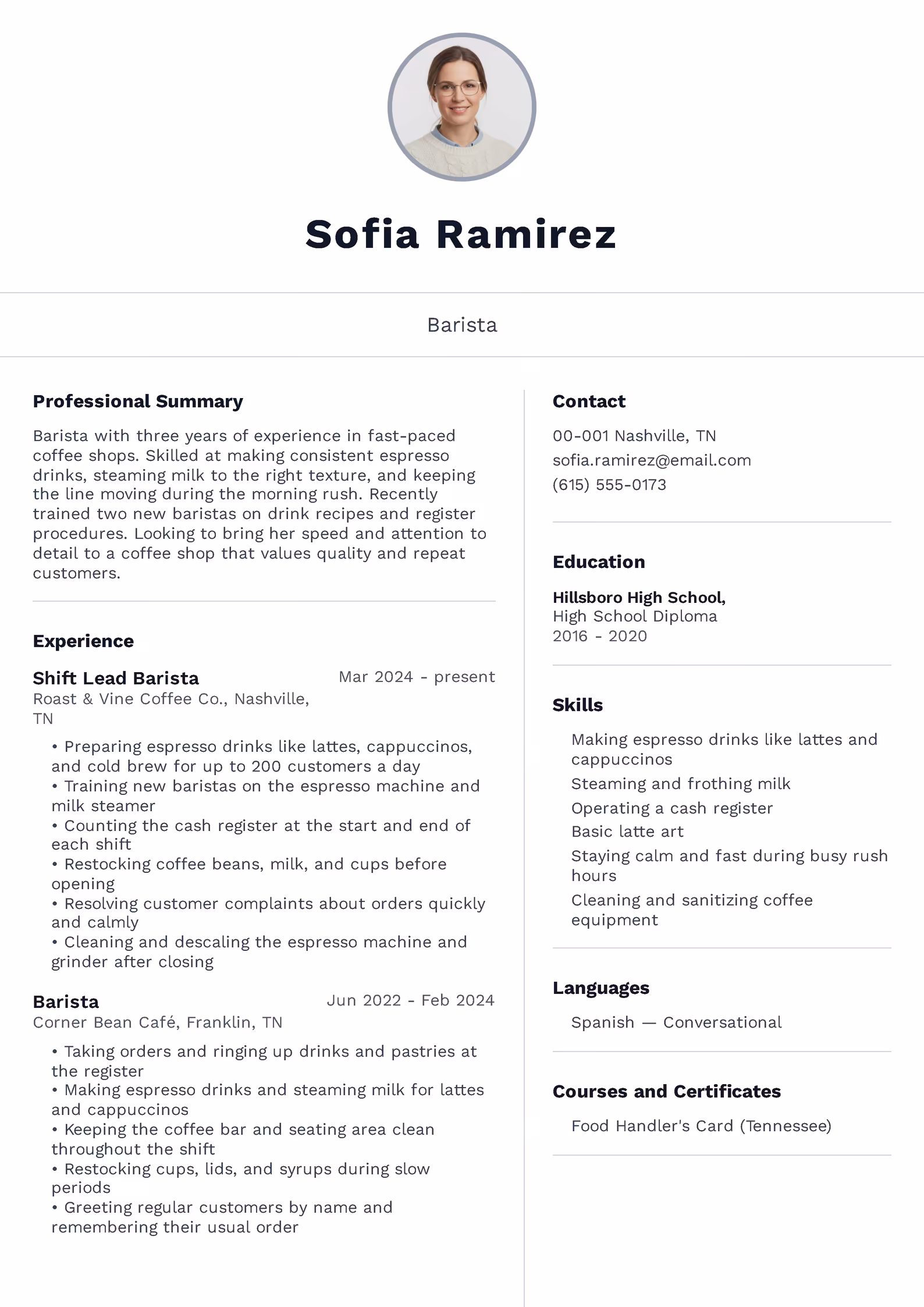 Barista Resume Example Barista resume example β downloadable template