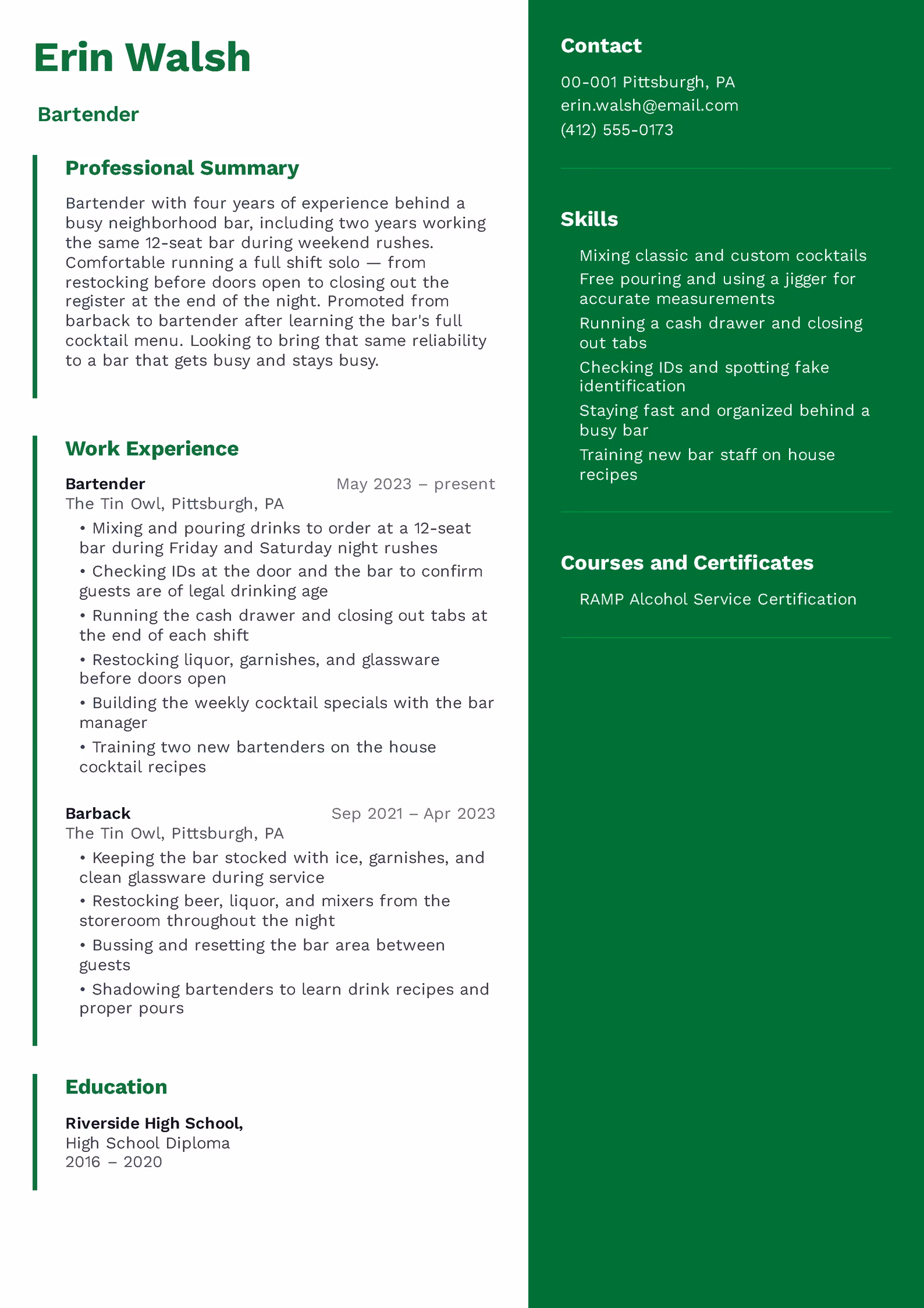 Bartender Resume Example Bartender resume example — downloadable template