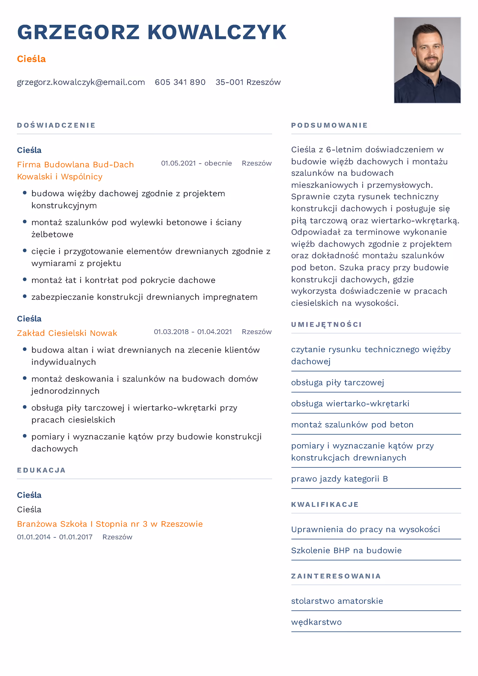 Wzór CV Cieśla Wzór CV cieśla – przykładowy szablon do pobrania
