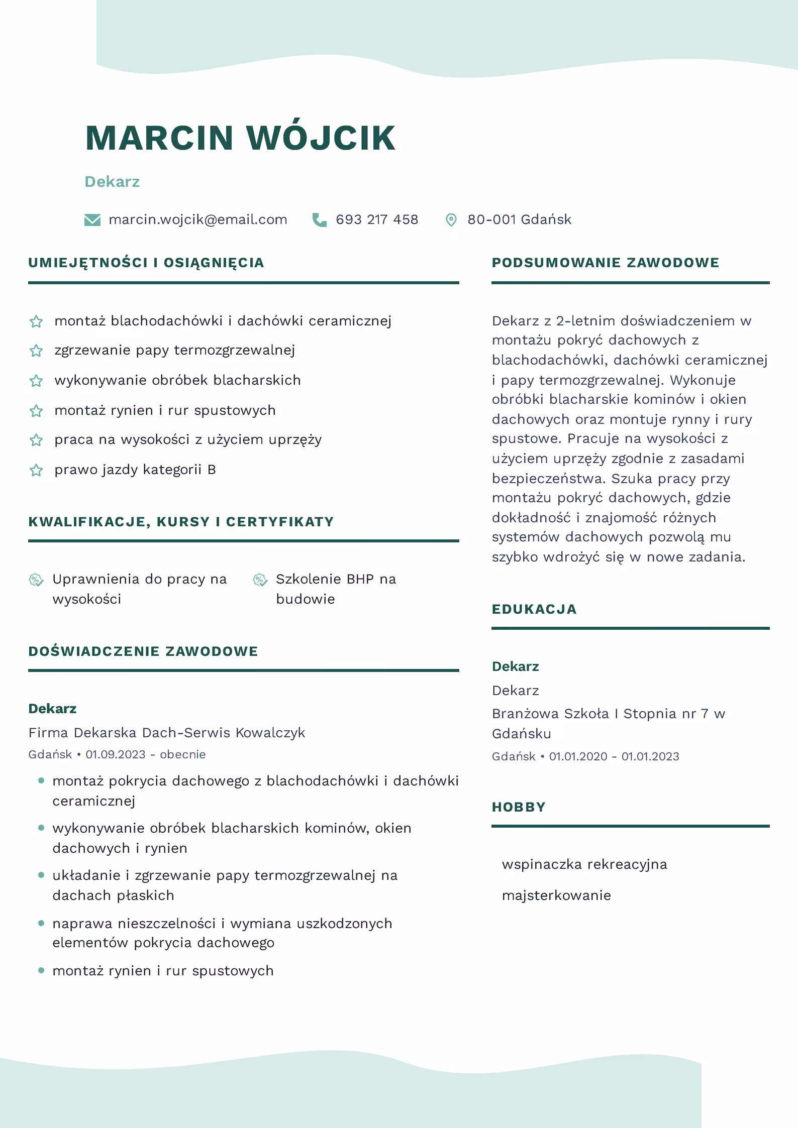 Wzór CV Dekarz Wzór CV dekarz – przykładowy szablon do pobrania