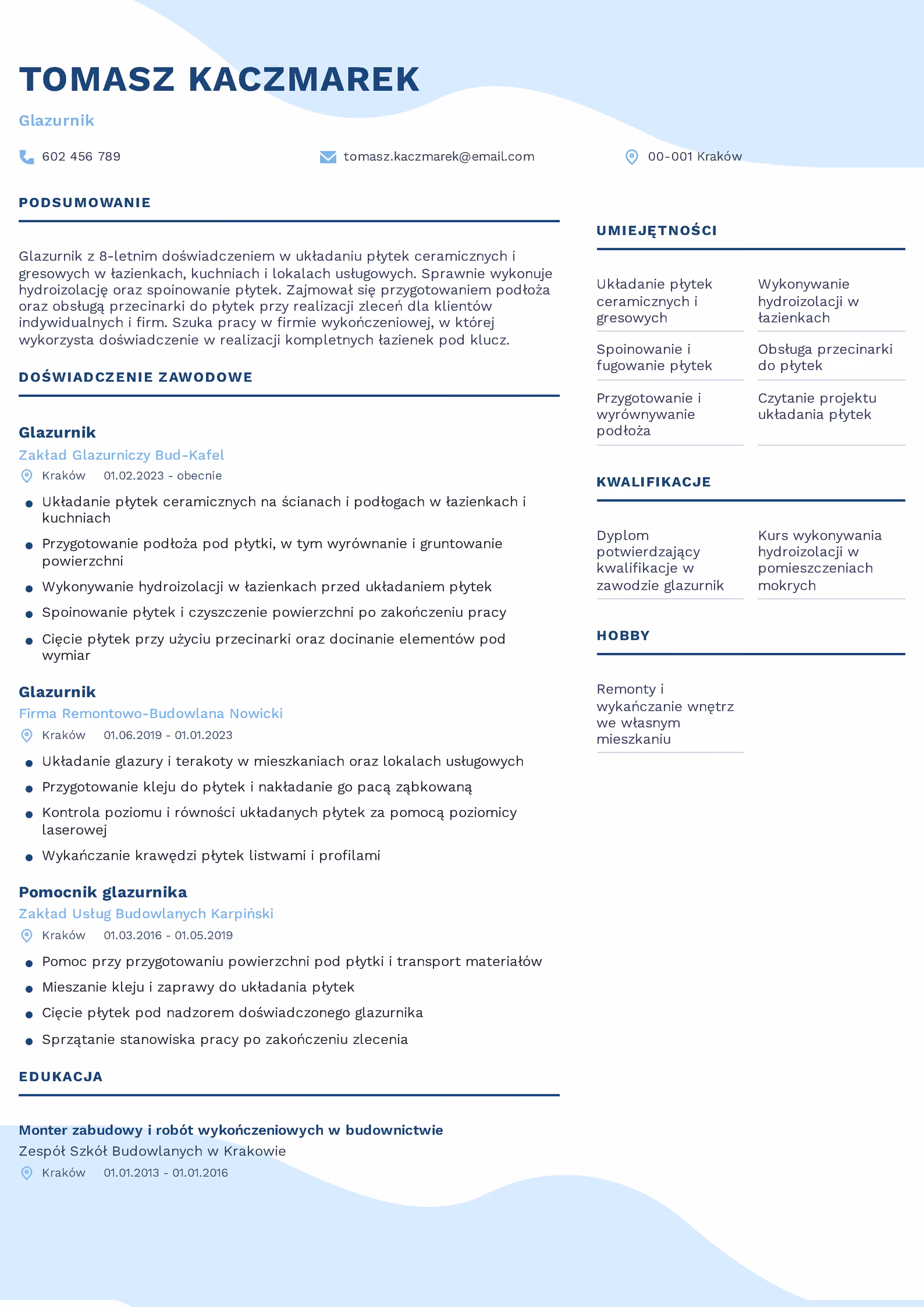 Wzór CV Glazurnik Wzór CV glazurnika – przykładowy szablon do pobrania