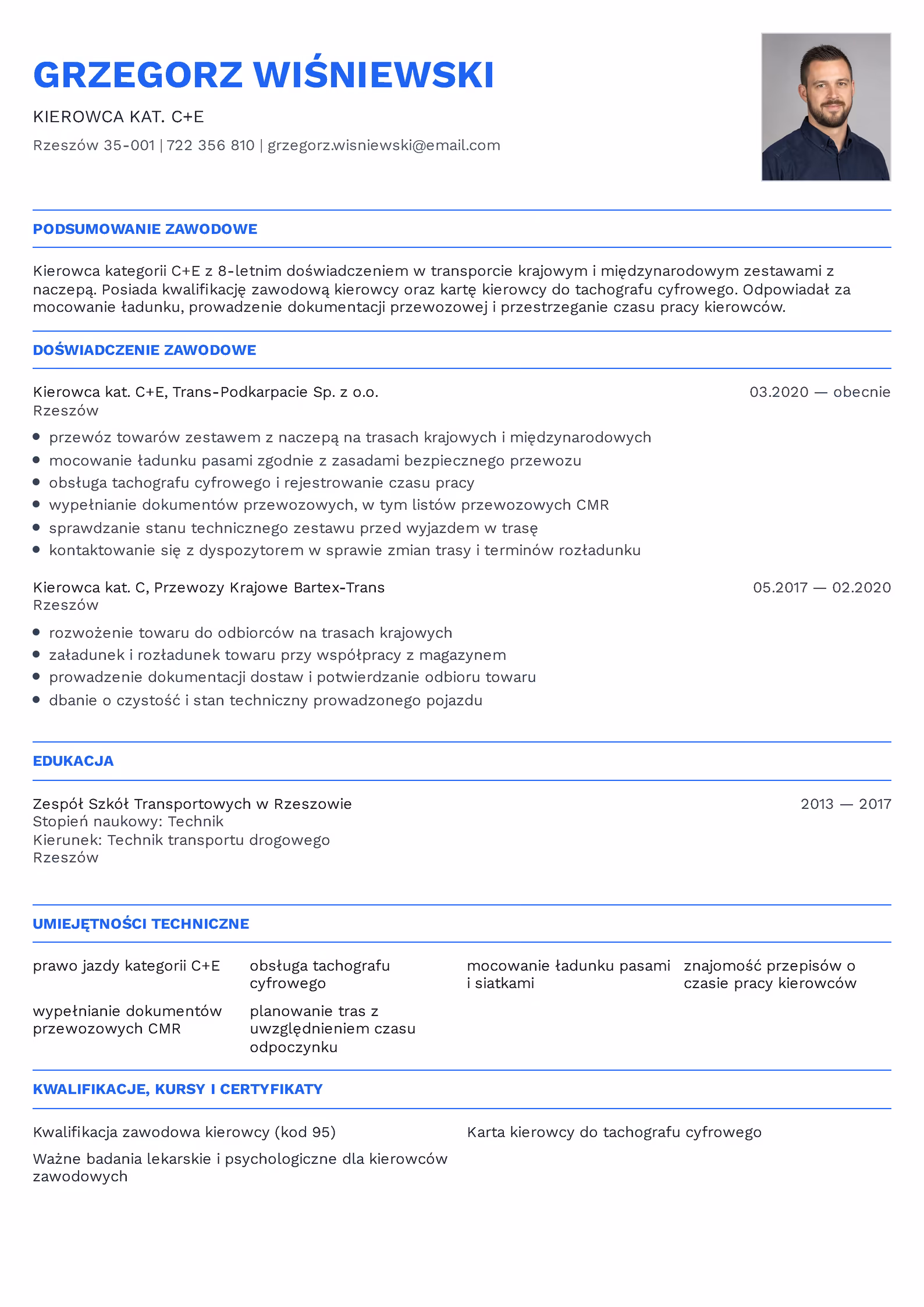 Wzór CV Kierowca kat. C+E Wzór CV kierowca kat. C+E – przykładowy szablon do pobrania
