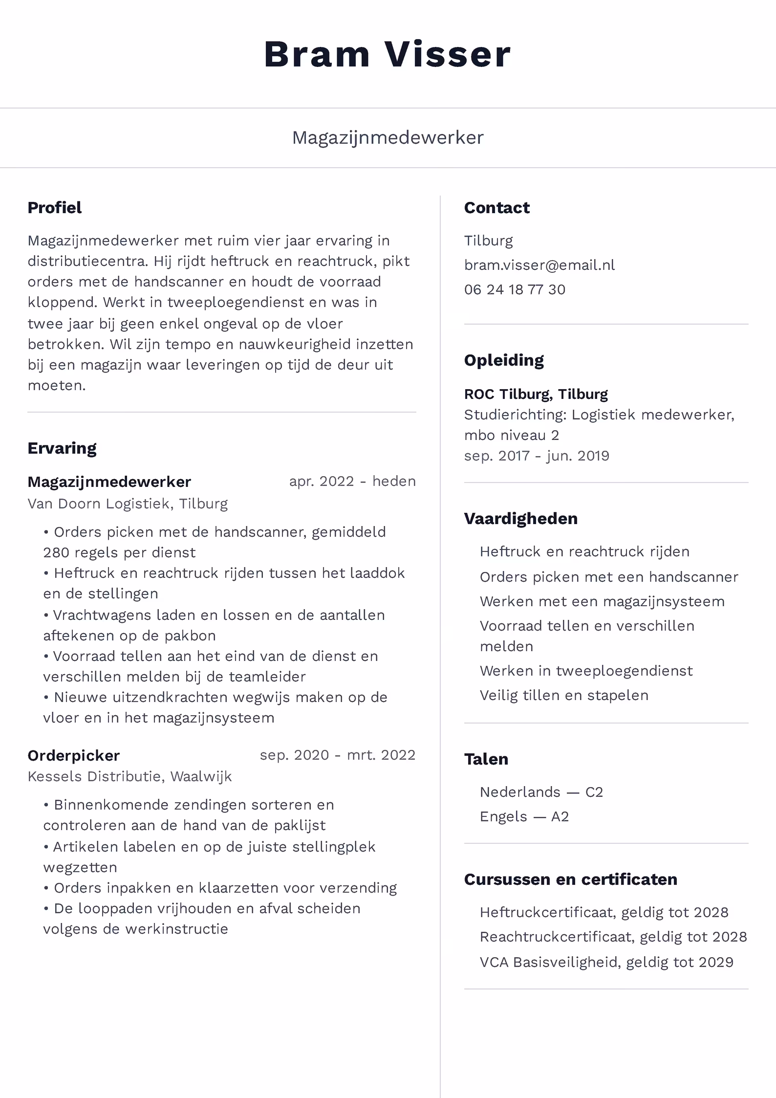 Cv-voorbeeld magazijnmedewerker Cv-voorbeeld magazijnmedewerker — sjabloon om te downloaden
