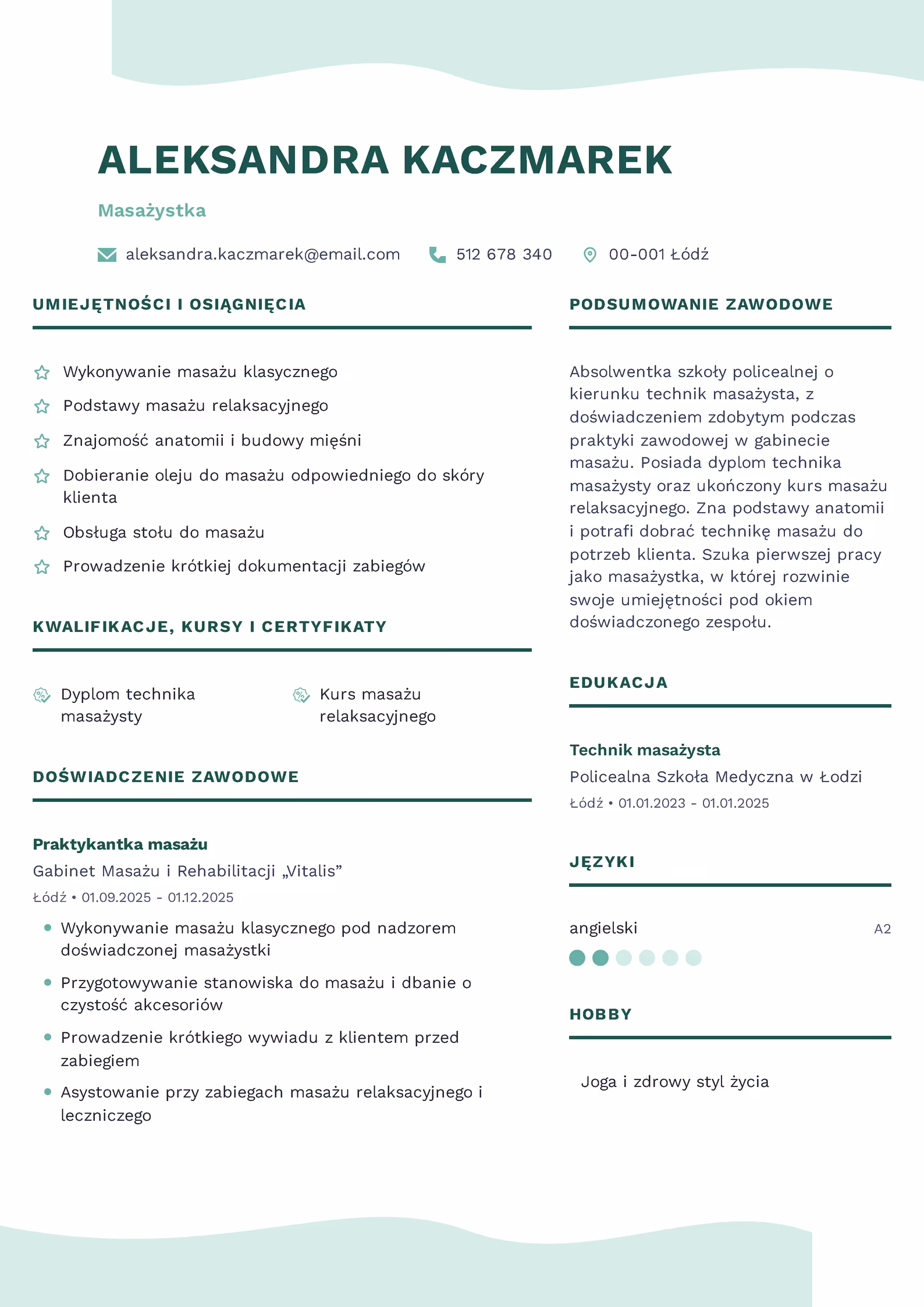 Wzór CV Masażystki Wzór CV masażystki – przykładowy szablon do pobrania
