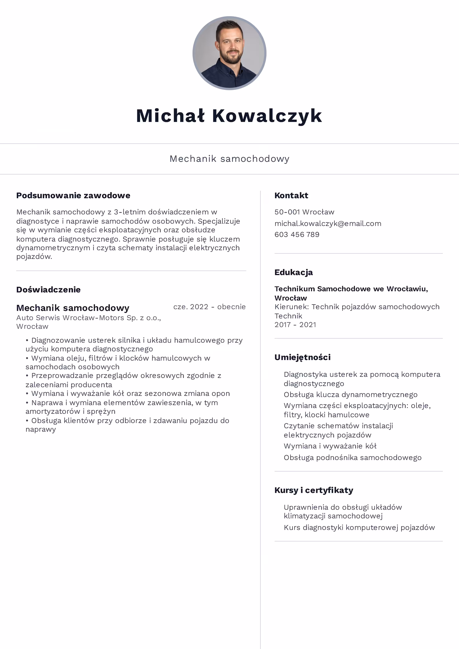 Wzór CV Mechanik Samochodowy Wzór CV mechanik samochodowy – przykładowy szablon do pobrania