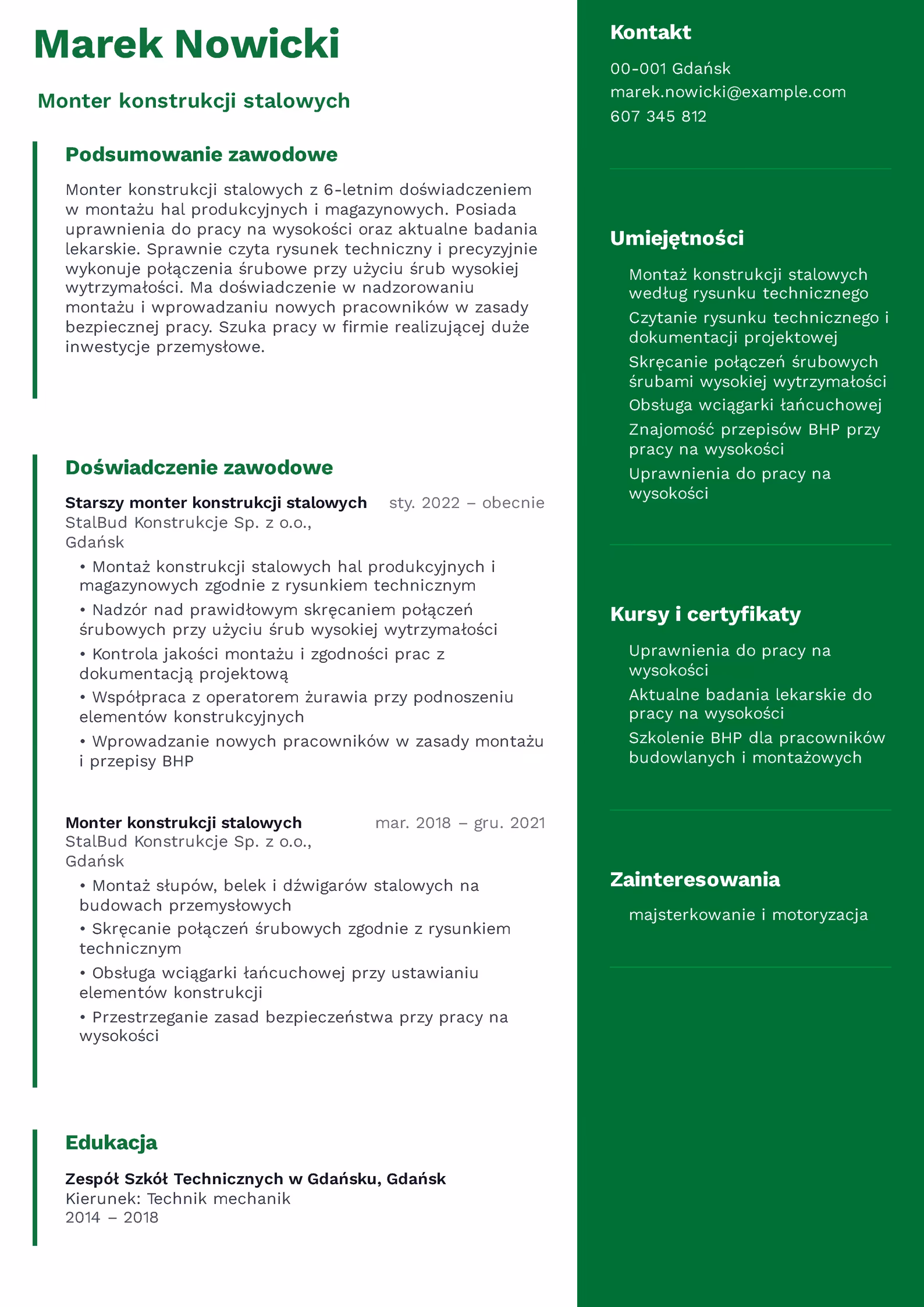 Wzór CV Monter Konstrukcji Stalowych Wzór CV monter konstrukcji stalowych – przykładowy szablon do pobrania