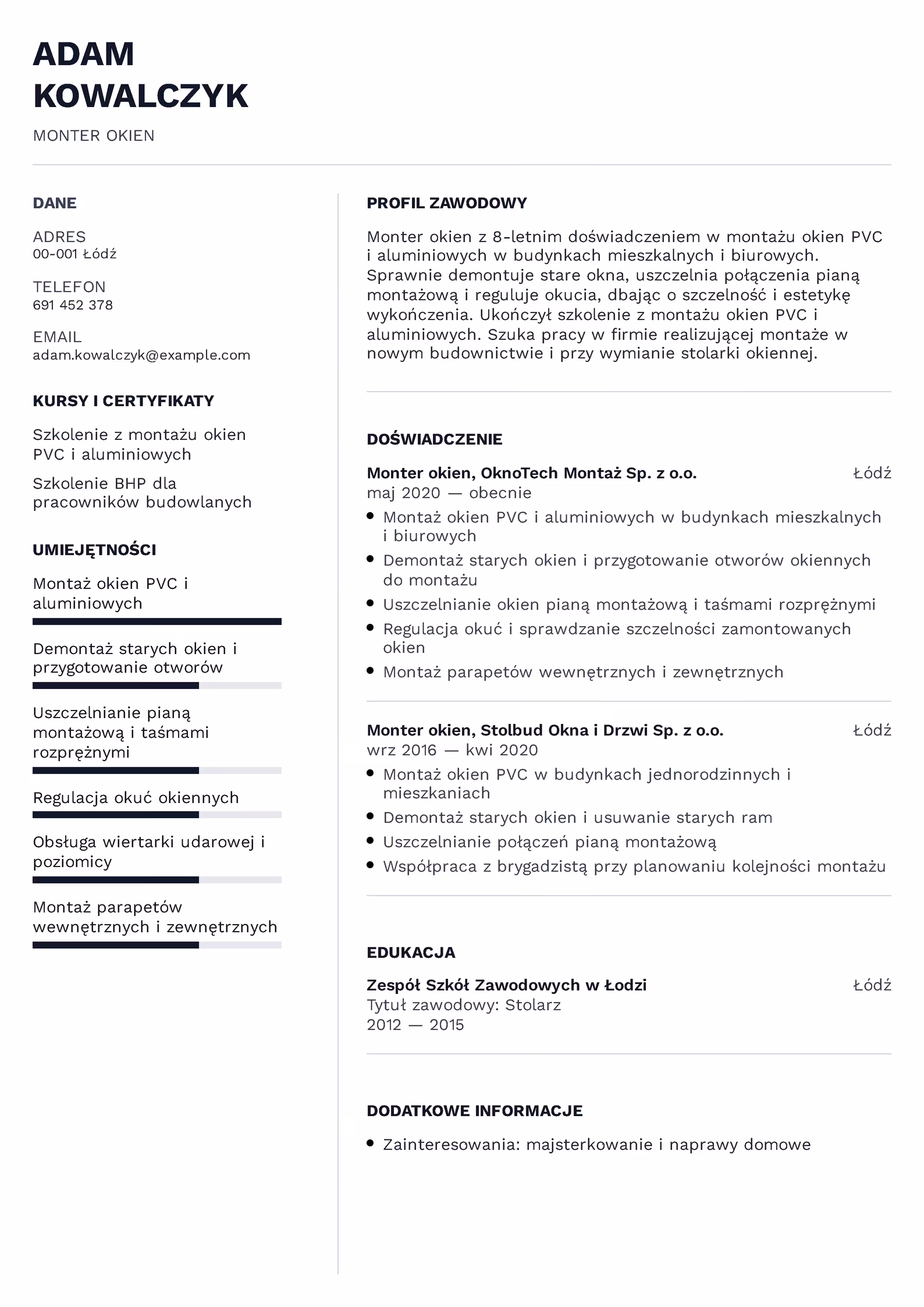 Wzór CV Monter Okien Wzór CV monter okien – przykładowy szablon do pobrania