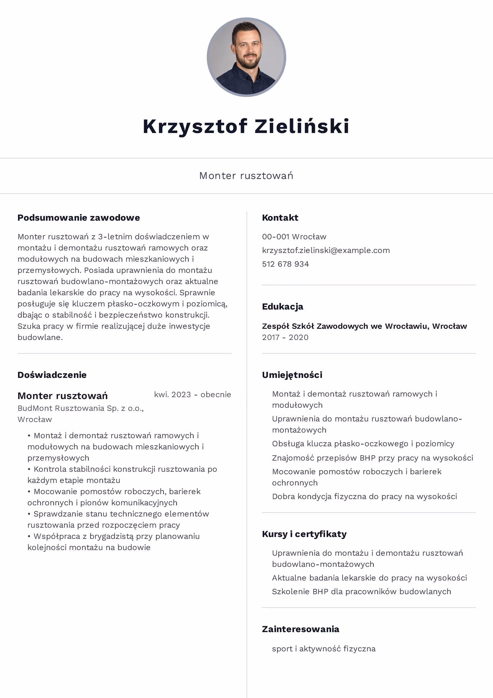 Wzór CV Monter Rusztowań Wzór CV monter rusztowań – przykładowy szablon do pobrania