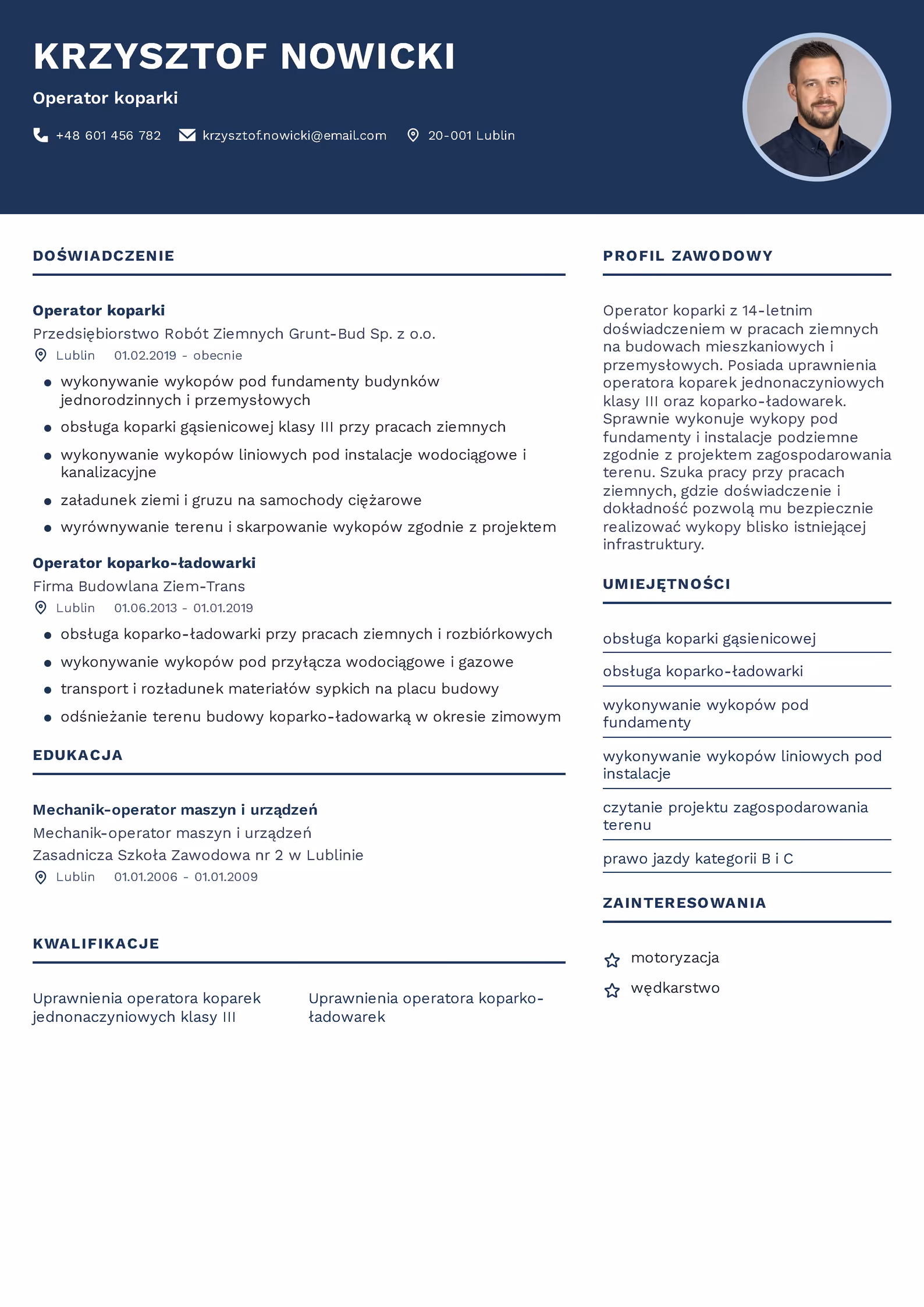 Wzór CV Operator Koparki Wzór CV operator koparki – przykładowy szablon do pobrania