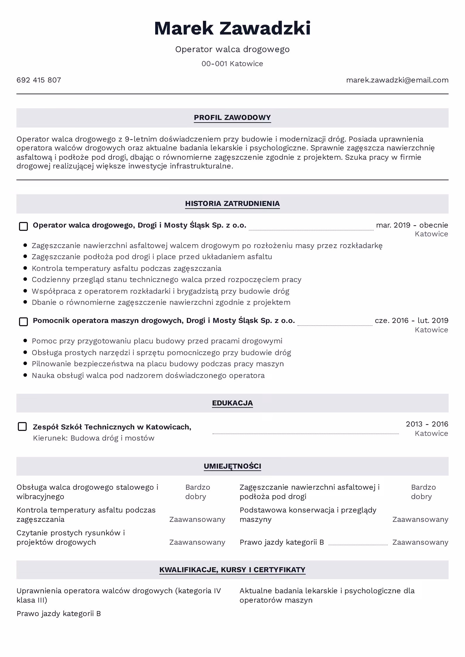 Wzór CV Operator Walca Wzór CV operatora walca – przykładowy szablon do pobrania