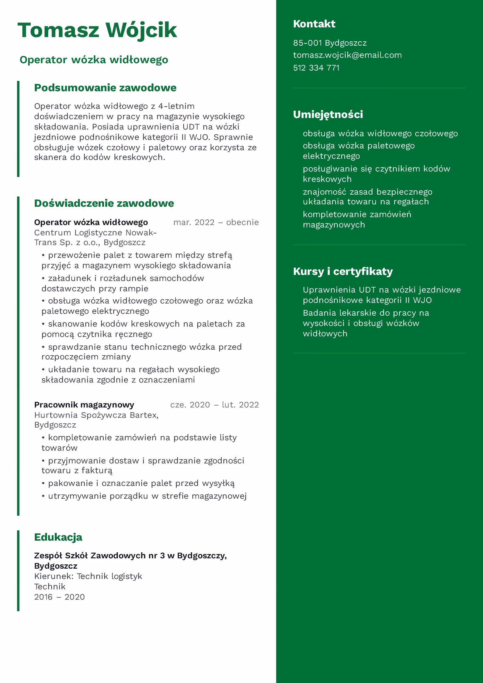 Wzór CV Operator Wózka Widłowego Wzór CV operator wózka widłowego – przykładowy szablon do pobrania