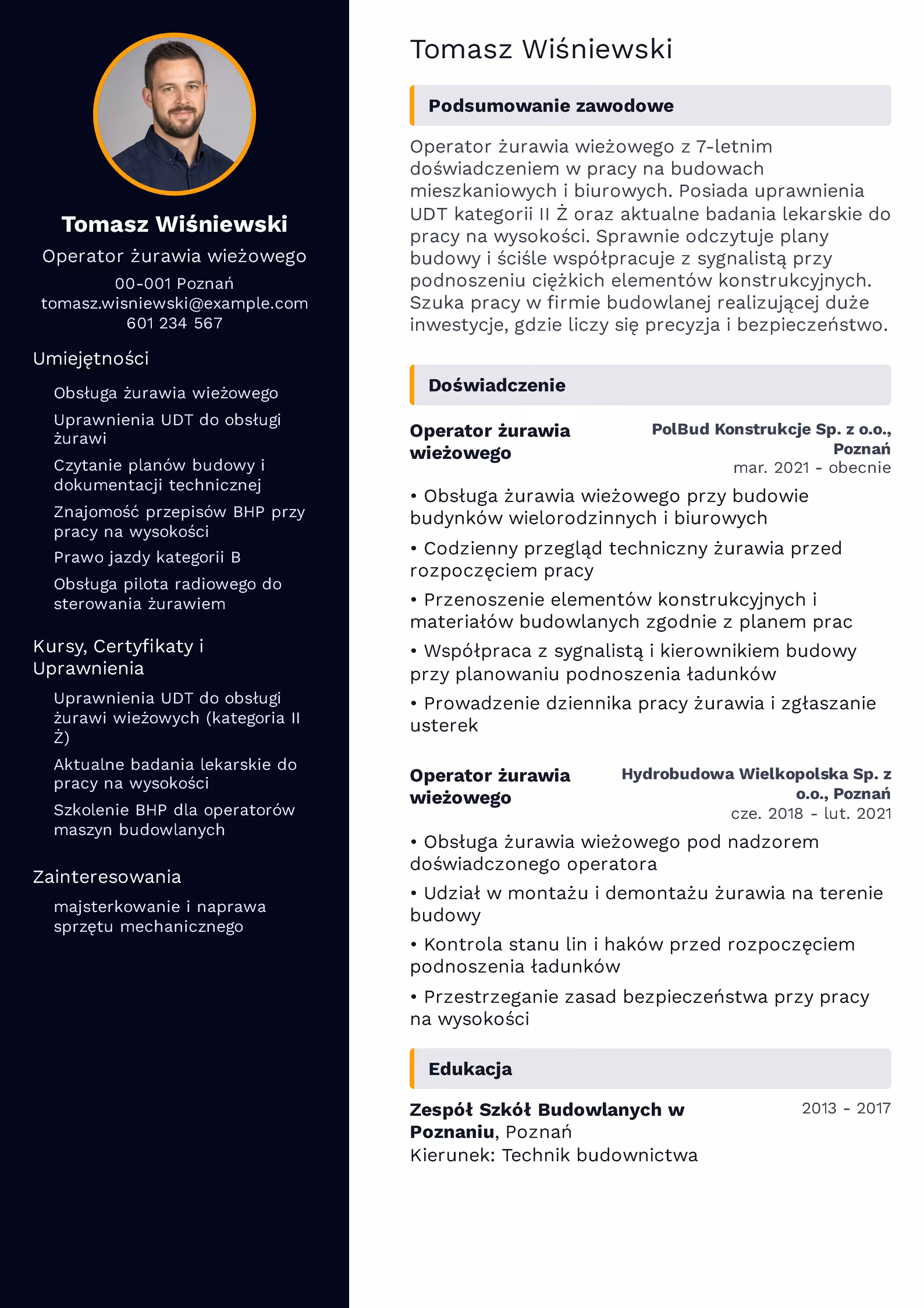 Wzór CV Operator Żurawia Wzór CV operator żurawia – przykładowy szablon do pobrania