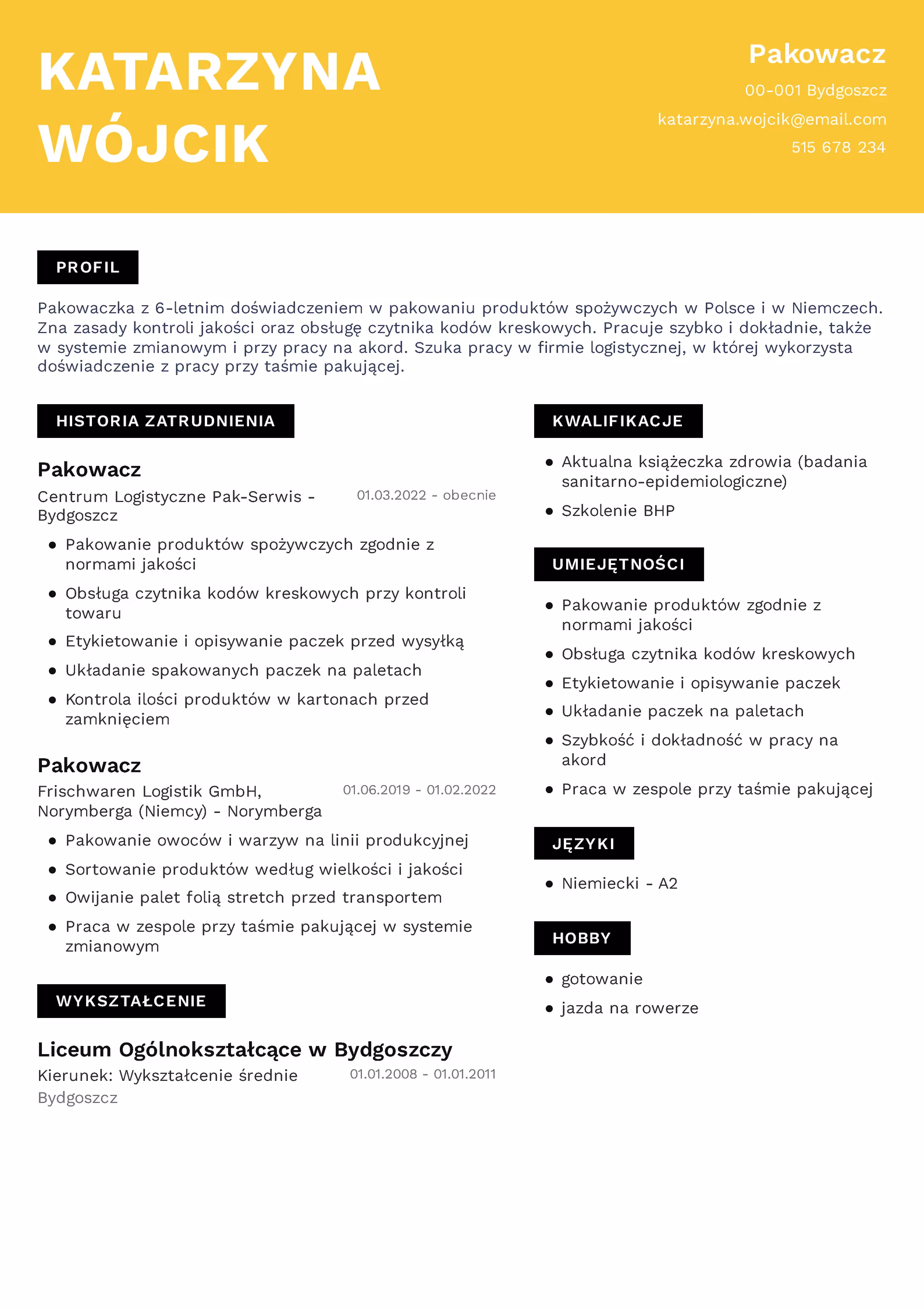 Wzór CV Pakowacz Wzór CV pakowacz – przykładowy szablon do pobrania