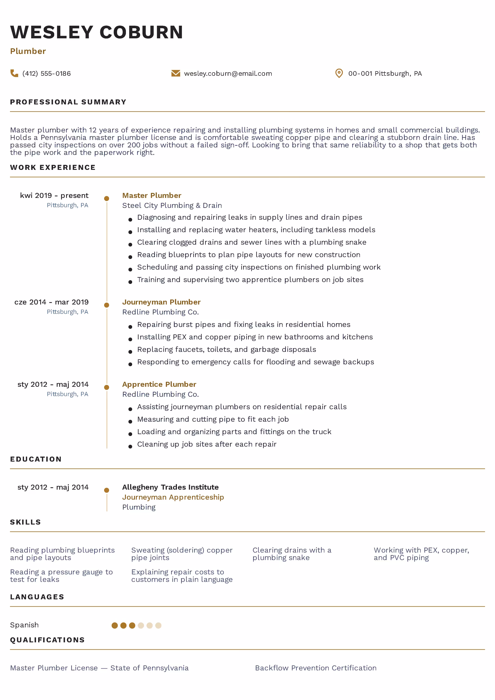 Plumber Resume Example Plumber resume example β downloadable template
