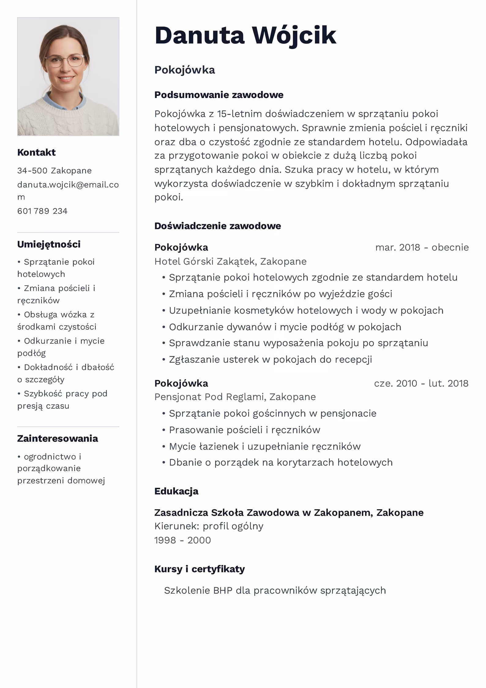 Wzór CV Pokojówka Wzór CV pokojówka – przykładowy szablon do pobrania
