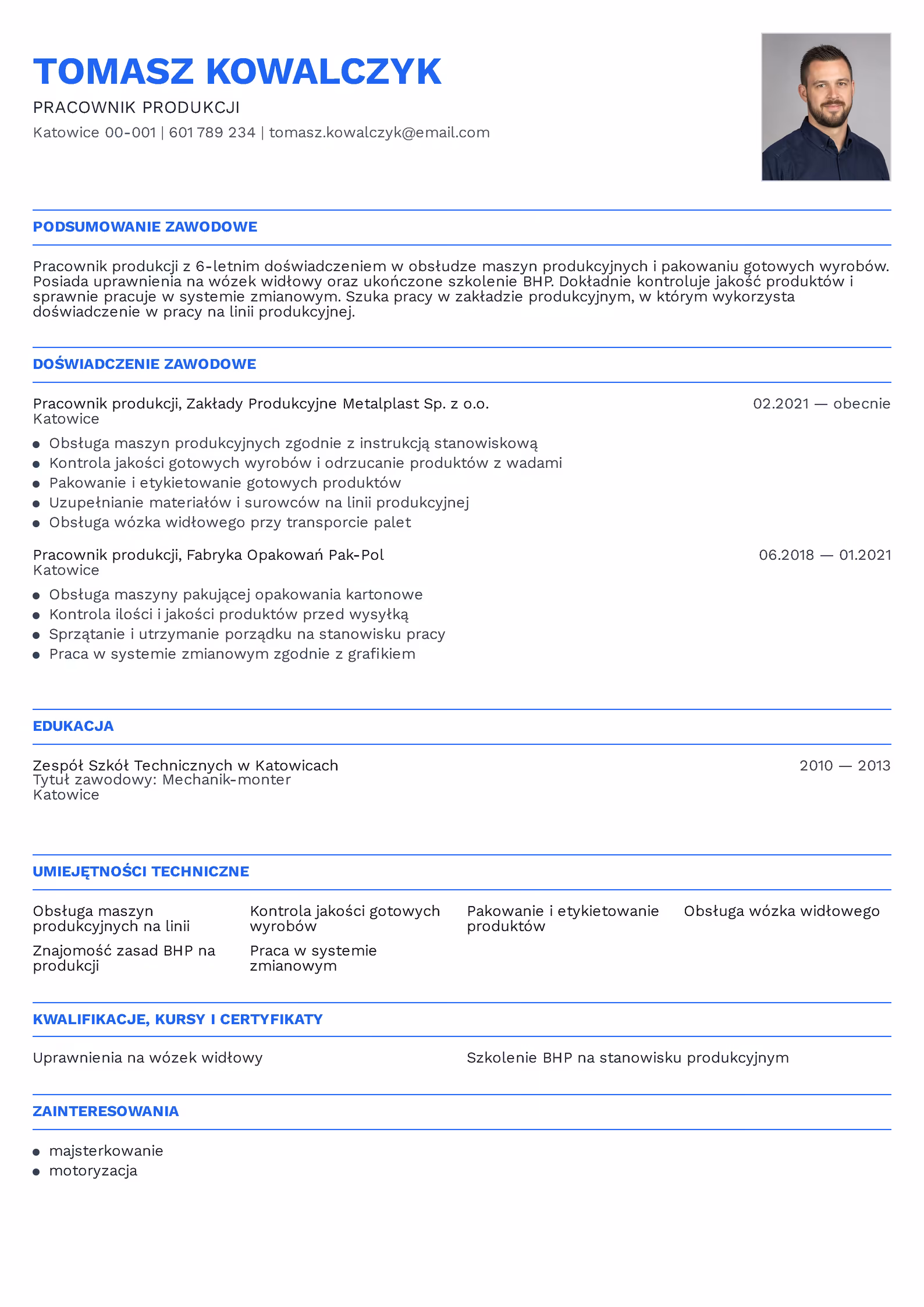 Wzór CV Pracownik Produkcji Wzór CV pracownik produkcji – przykładowy szablon do pobrania