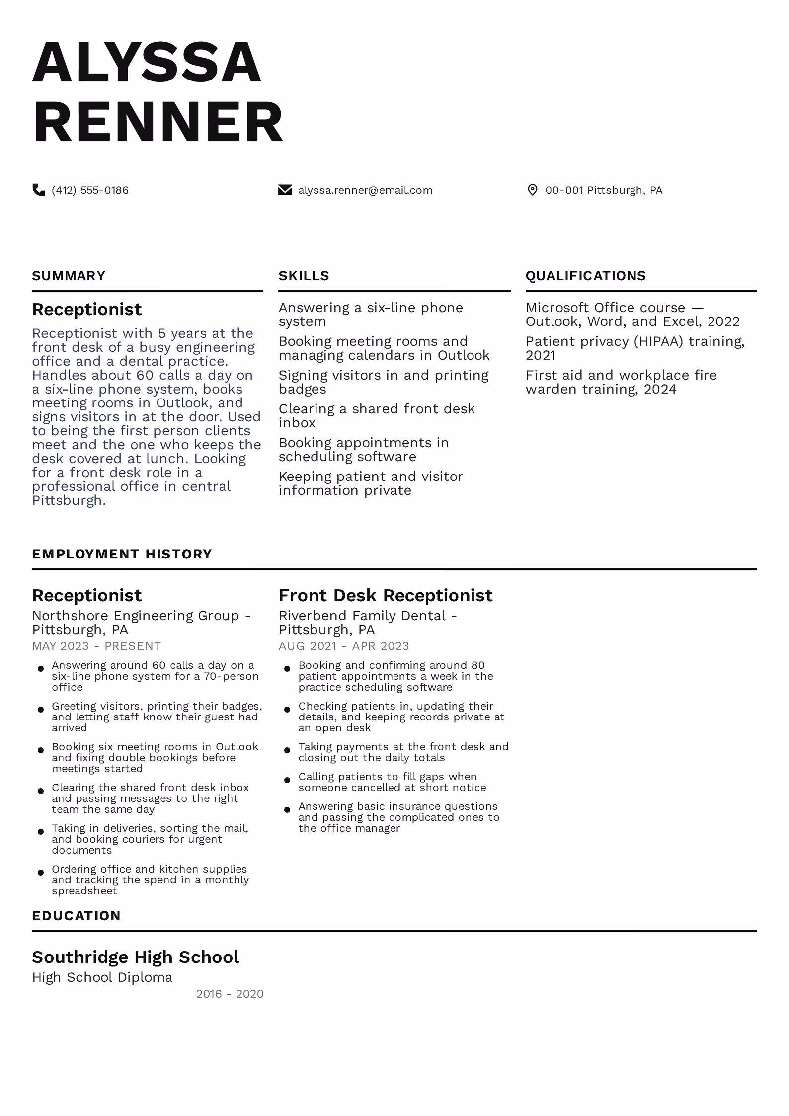 Receptionist Resume Example Receptionist resume example — downloadable template