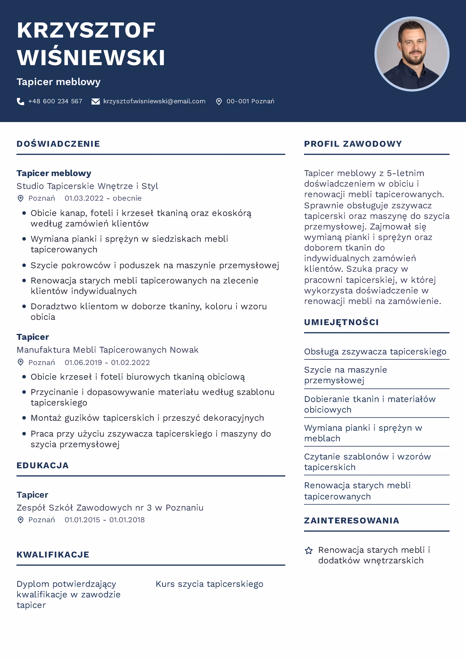 Wzór CV Tapicer Wzór CV tapicera meblowego – przykładowy szablon do pobrania