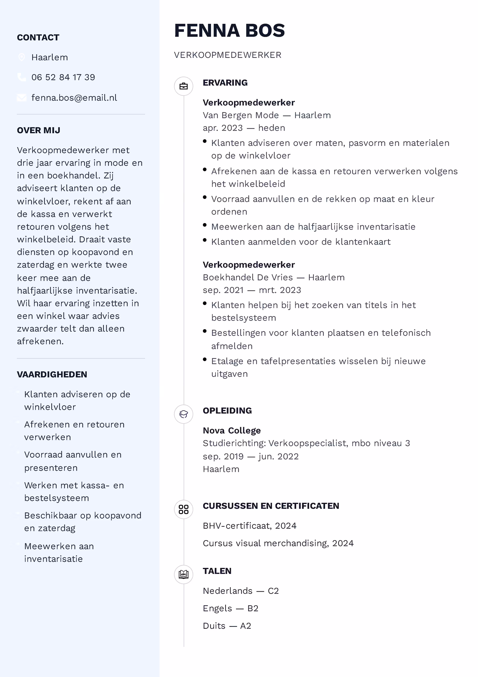 Cv-voorbeeld verkoopmedewerker Cv-voorbeeld verkoopmedewerker — sjabloon om te downloaden